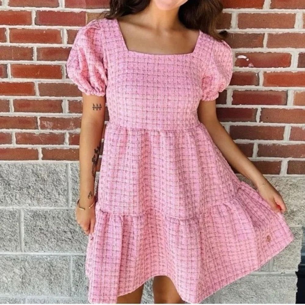 NWT Simply Southern Tweed Dress Size Small Pink & Gold Puff Sleeves Tiered Skirt
